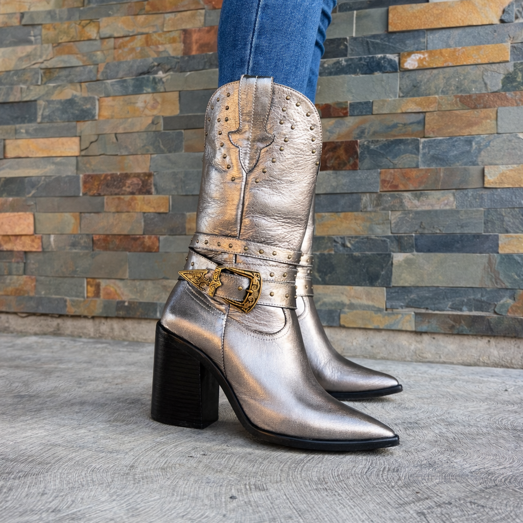 Bota Évora Plata de Piel | Tacón 8 cm